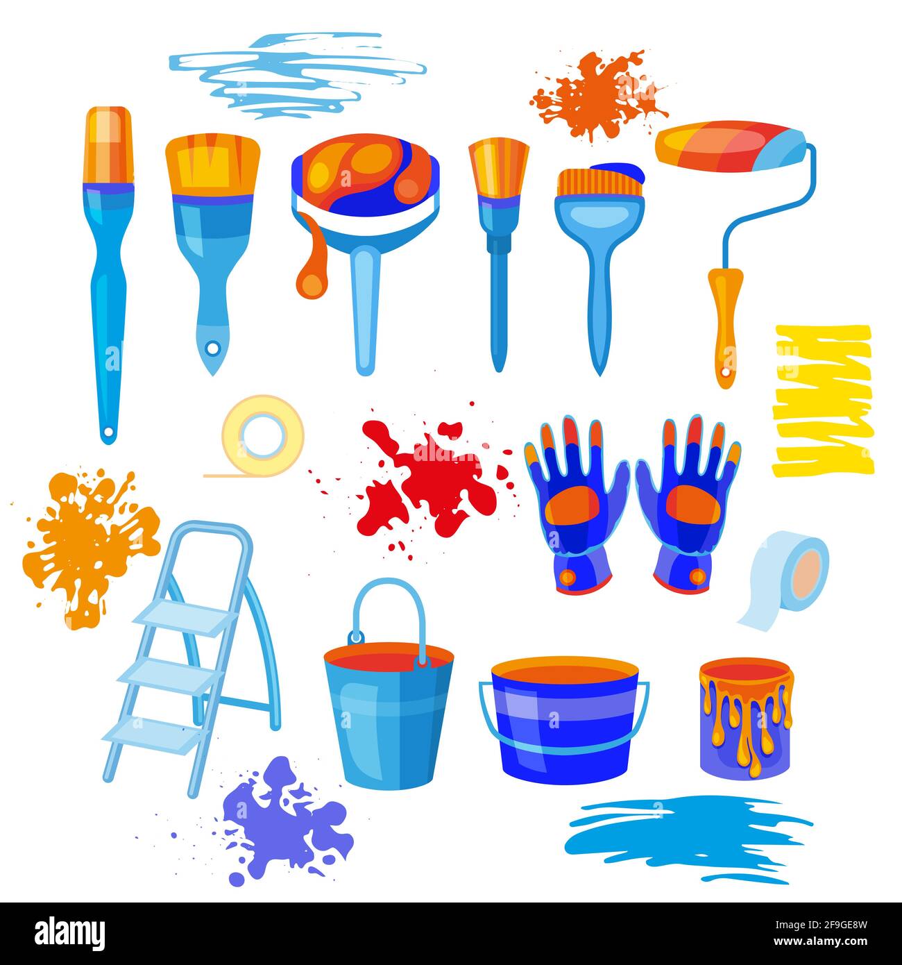 Flat working tools icon set, building object, implements and worker stuff. Stock Vector
