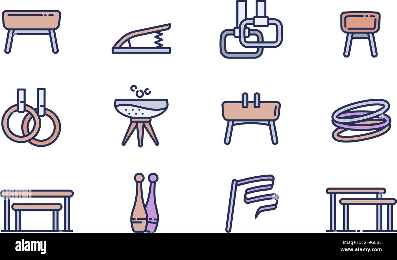 Gymnastics equipment icons set. Outline set of gymnastics equipment