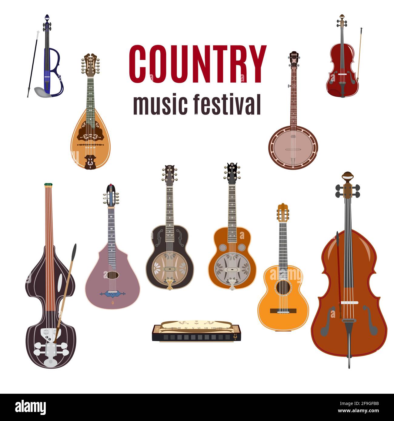 Vector set of country music instruments, flat design. Stock Vector
