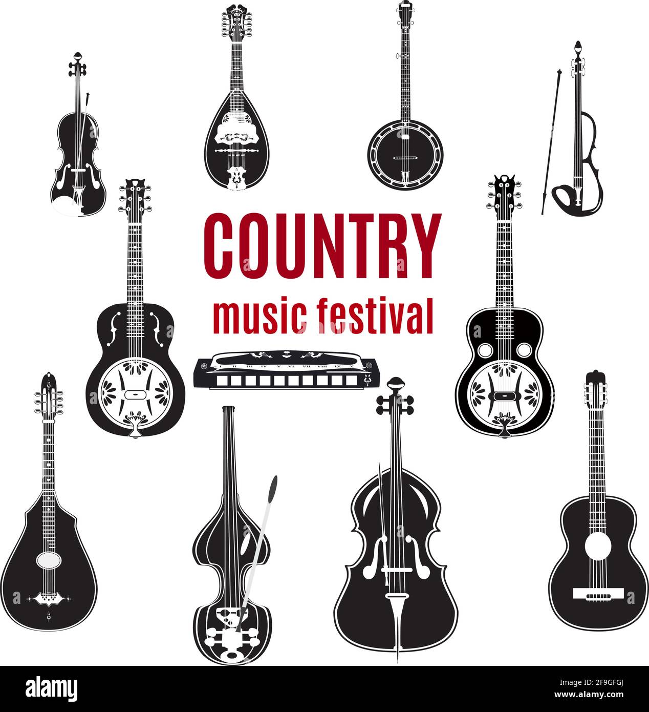 Vector set of country music instruments, black and white design Stock Vector