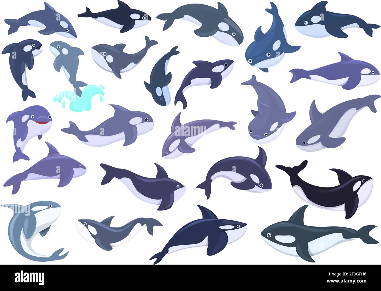 Killer whale icons set. Cartoon set of killer whale vector icons for