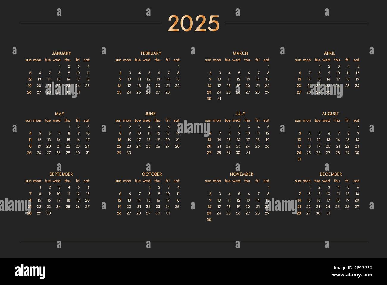 2025 calendar for personal planner diary notebook, gold on black luxury