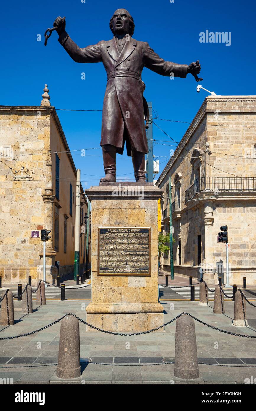 Hidalgo Statue in Guadalajara, Jalisco, Mexico breaking the chains of oppression. Stock Photo
