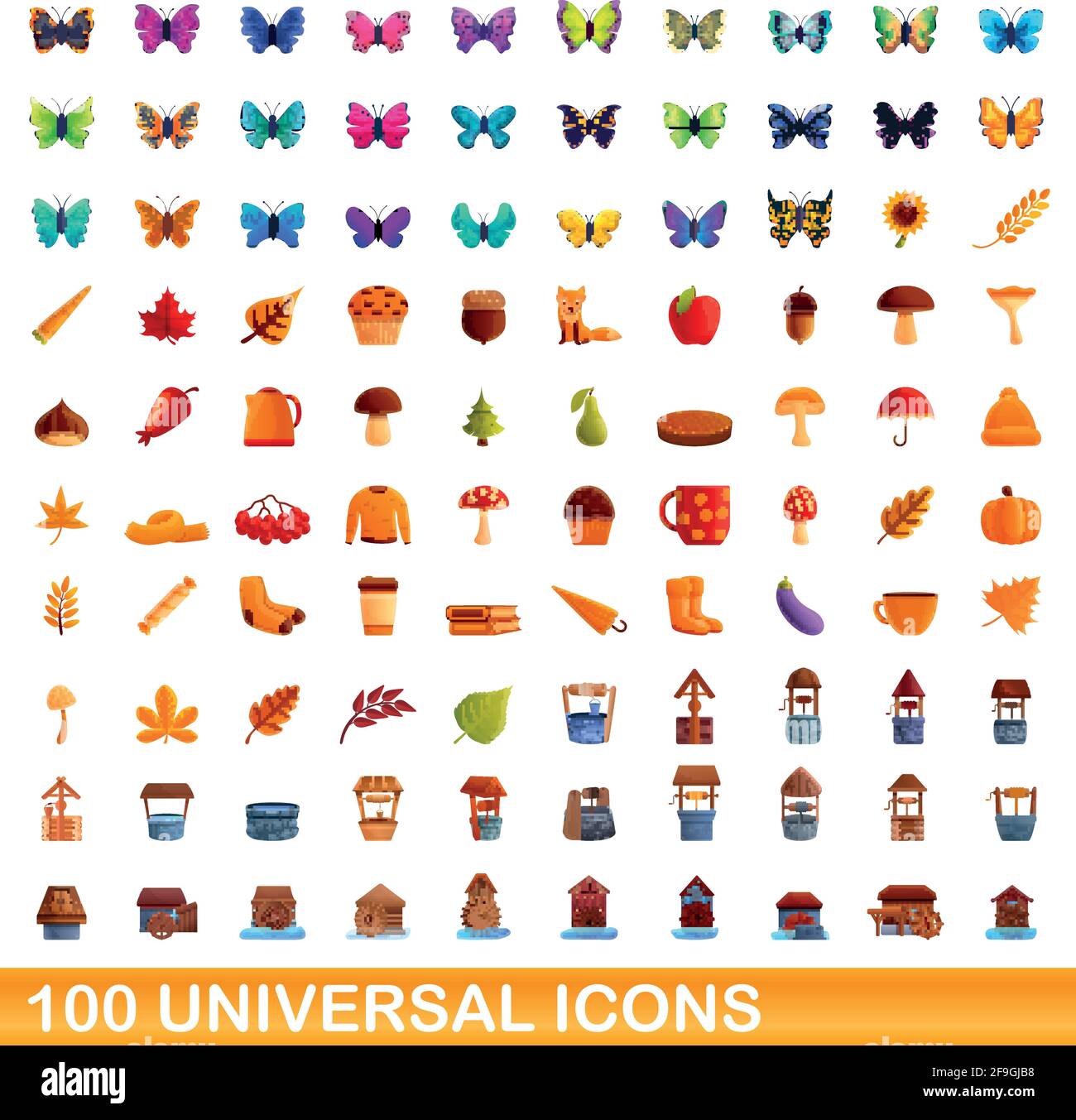 100 universal icons set. Cartoon illustration of 100 universal icons ...
