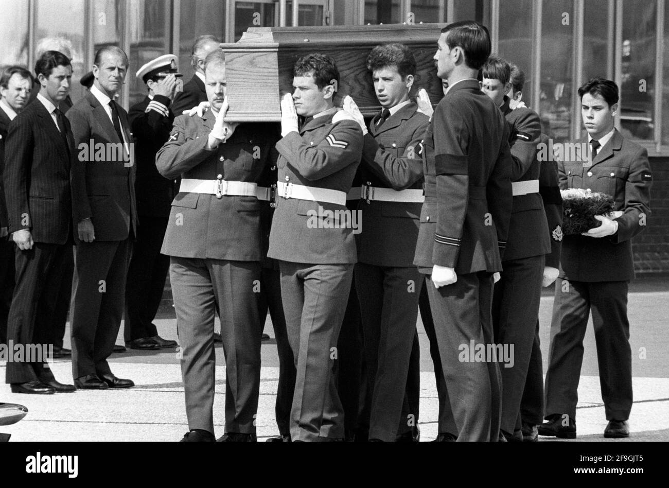 File photo dated 30/08/79 of the Duke of Edinburgh (second left) and the Prince of Wales (left) at Eastleigh Airport as they met the plane carrying the coffins of Lord Mountbatten, his grandson Nicholas Knatchbull and the Dowager Lady Brabourne. Sinn Fein leader Mary Lou McDonald has apologised for the IRA's assassination of Lord Mountbatten following the funeral of the Duke of Edinburgh. Issue date: Sunday April 18, 2021. Stock Photo
