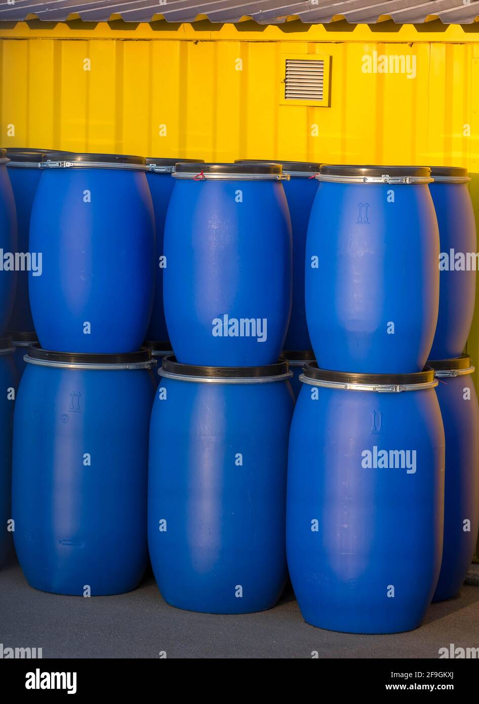 Blue plastic bins for hazardous waste at a recycling centre, Bavaria, Germany Stock Photo Alamy