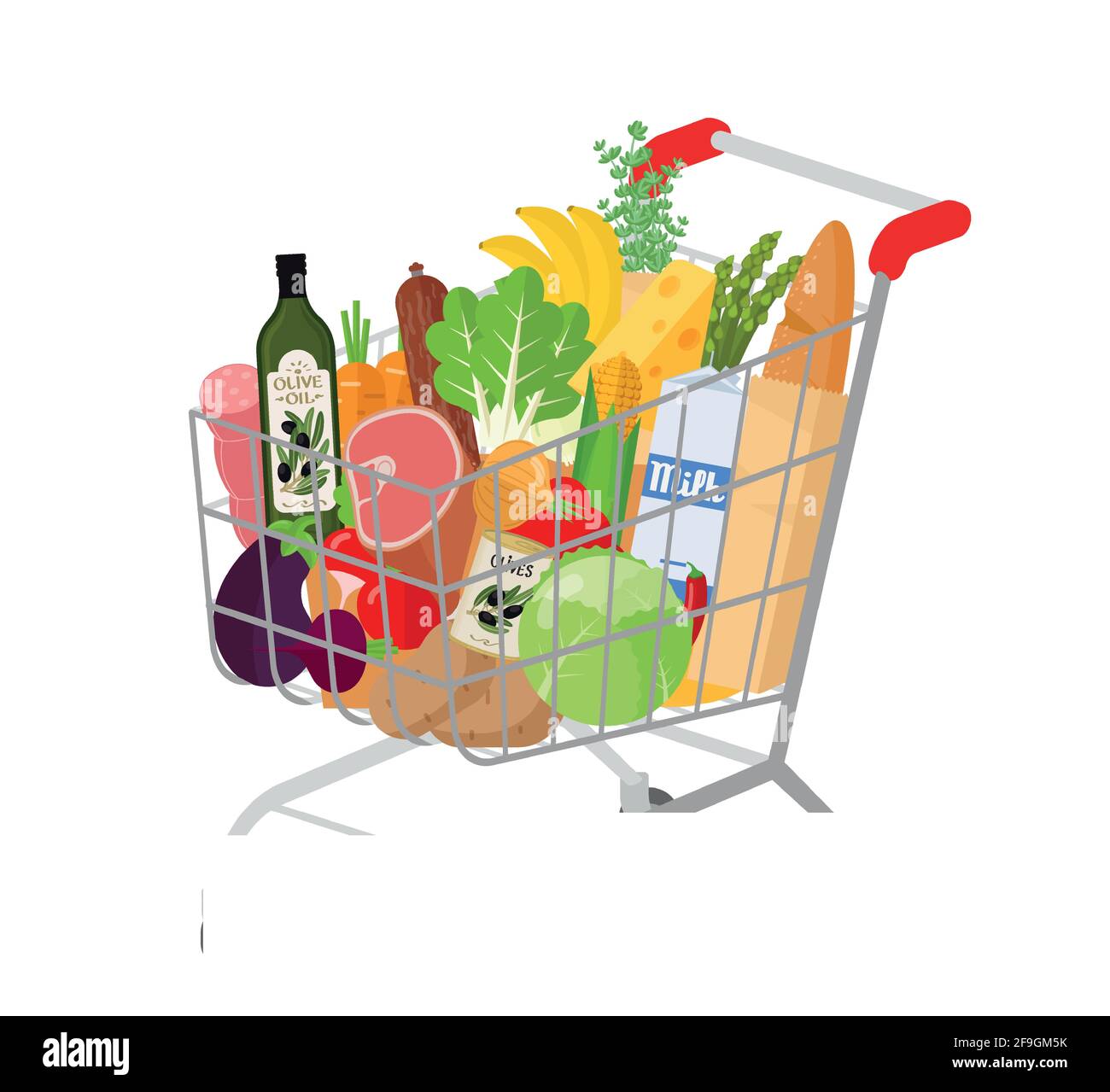 Full shopping supermarket cart. Stock Vector