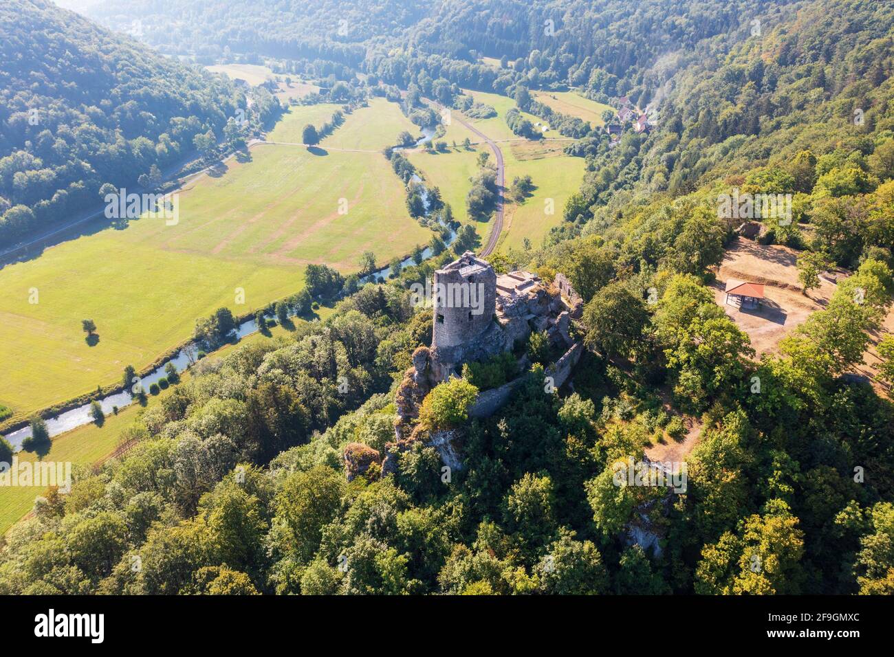 Castle ruin Neideck, river Wiesent, near Streitberg, Wiesenttal, Franconian Switzerland, drone image, Upper Franconia, Franconia, Bavaria, Germany Stock Photo