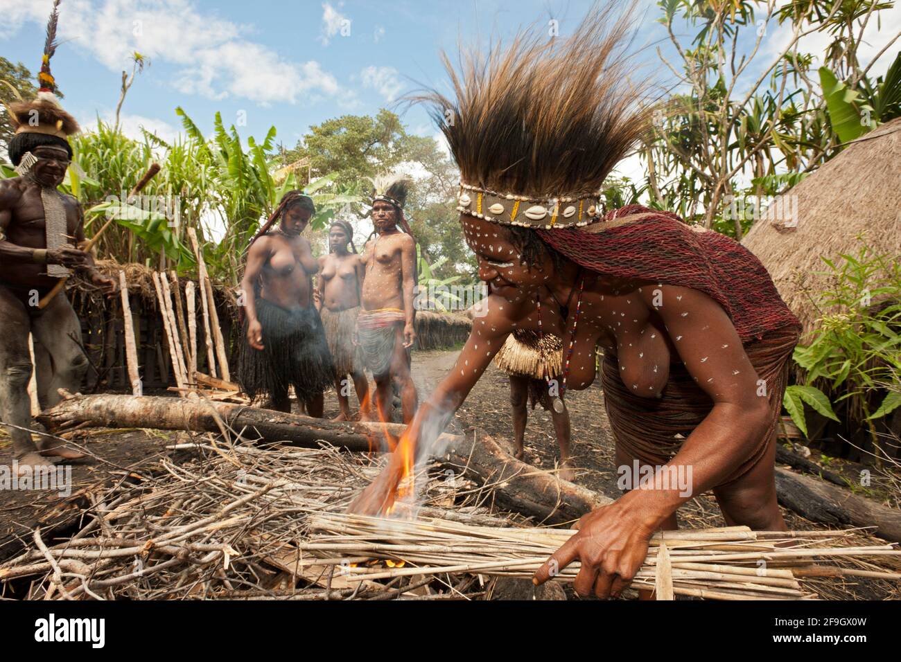 Dani tribe preparing earth oven, Baliem valley, West Papua, Dani, Indonesia Stock Photo