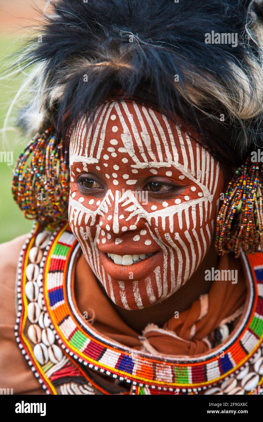Kikuyu Woman With Face Painting Jewellery And Headdress Kenya Stock