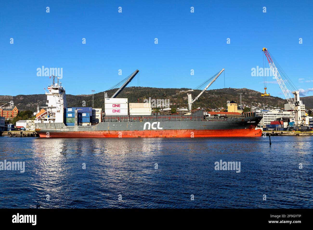 Container vessel NCL Averoy at Frieleneskaien quay, in the port of Bergen, Norway. Stock Photo