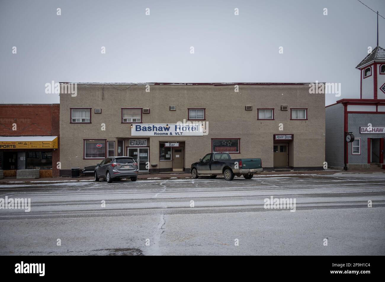 Bashaw, Alberta April 11, 2021 Dilapidated commercial buildings on a