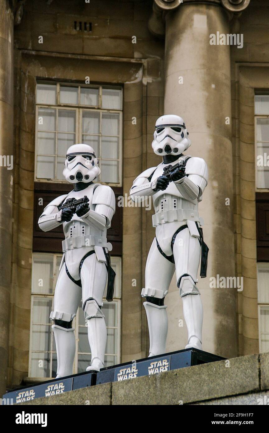 Star Wars Stormtrooper figures on London's South Bank, advertising a star  wars exhibition in County Hall, UK. Tourist attraction Stock Photo - Alamy