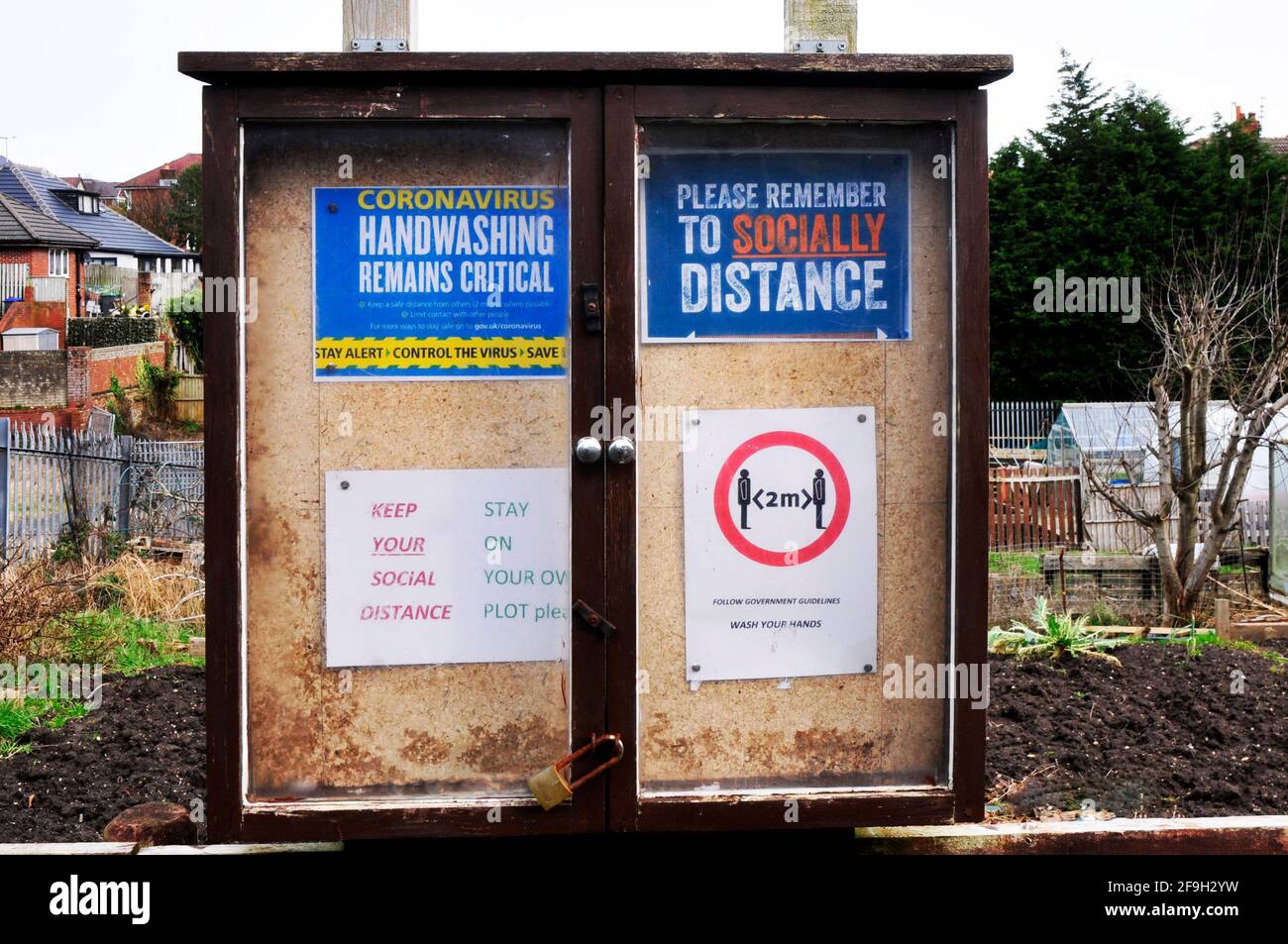 Notice Board on allotment site with warnings and information on Corona virus Covid 19. Stock Photo