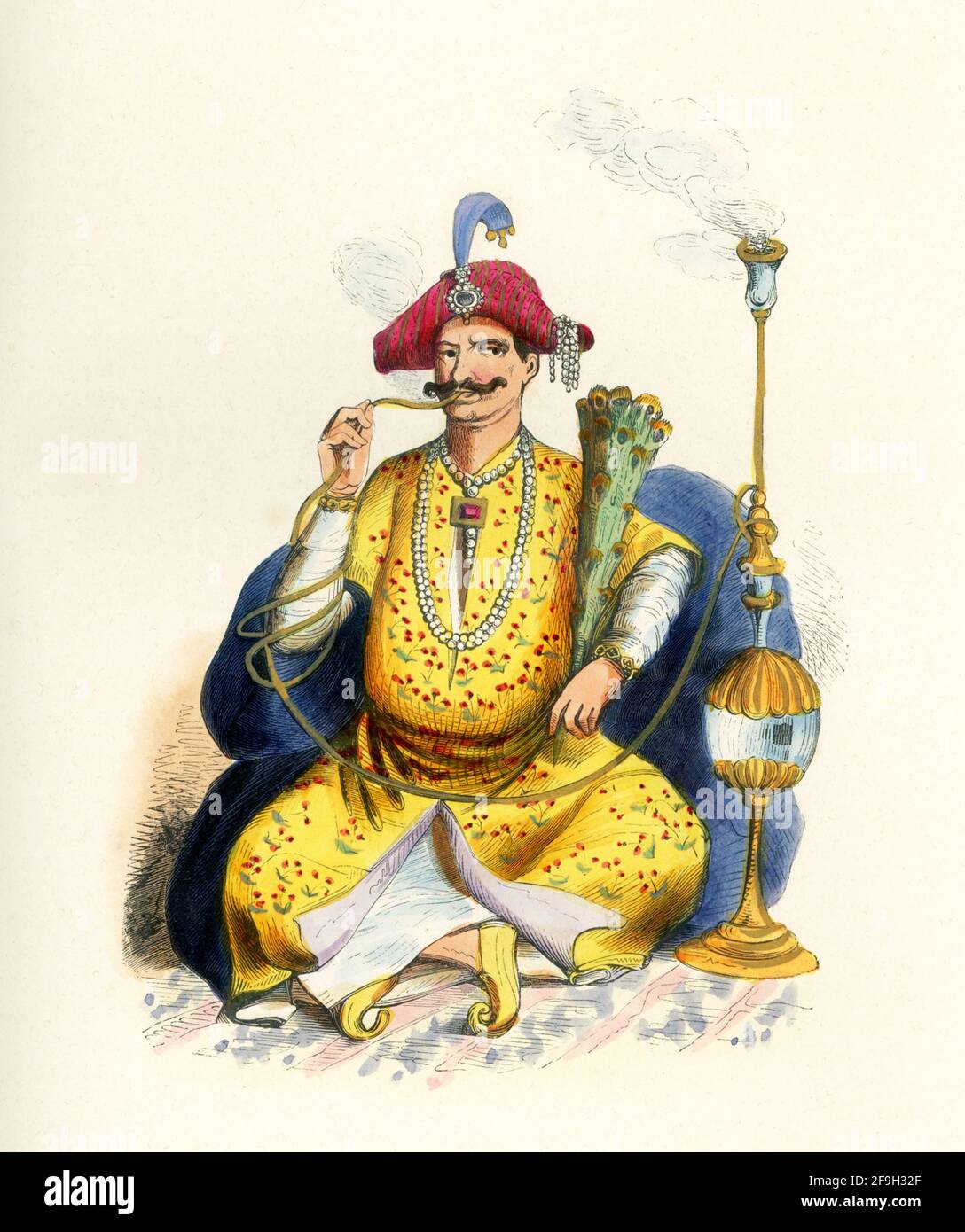 This 1840s illustration shows a rajah. Raja (also spelled rajah) is a royal title used for Indian monarchs. The title is equivalent to king or princely ruler in the Indian subcontinent and Southeast Asia. Stock Photo