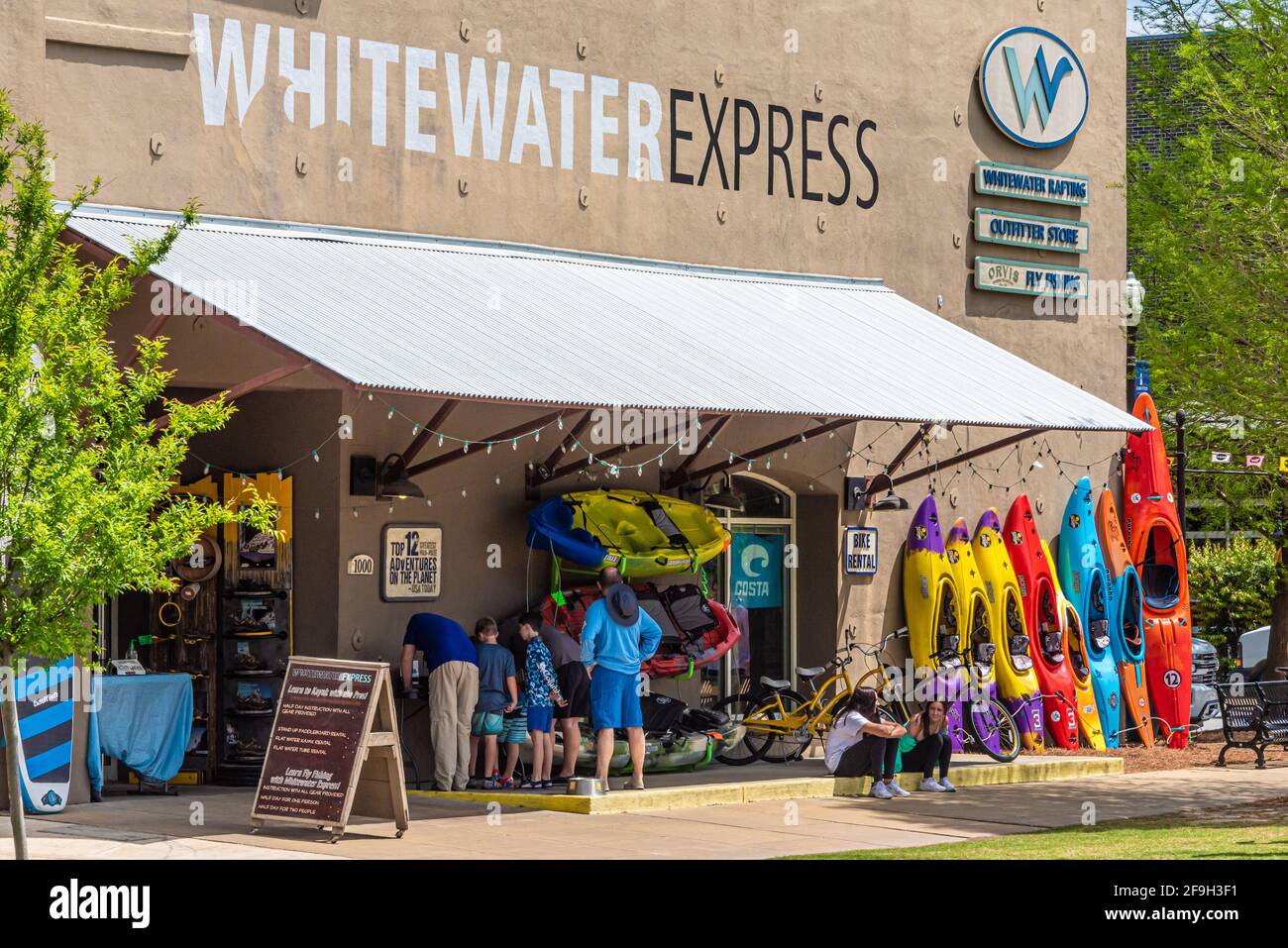 Whitewater Express river sports outfitter along the Chattahoochee River in Uptown Columbus, Georgia. (USA) Stock Photo