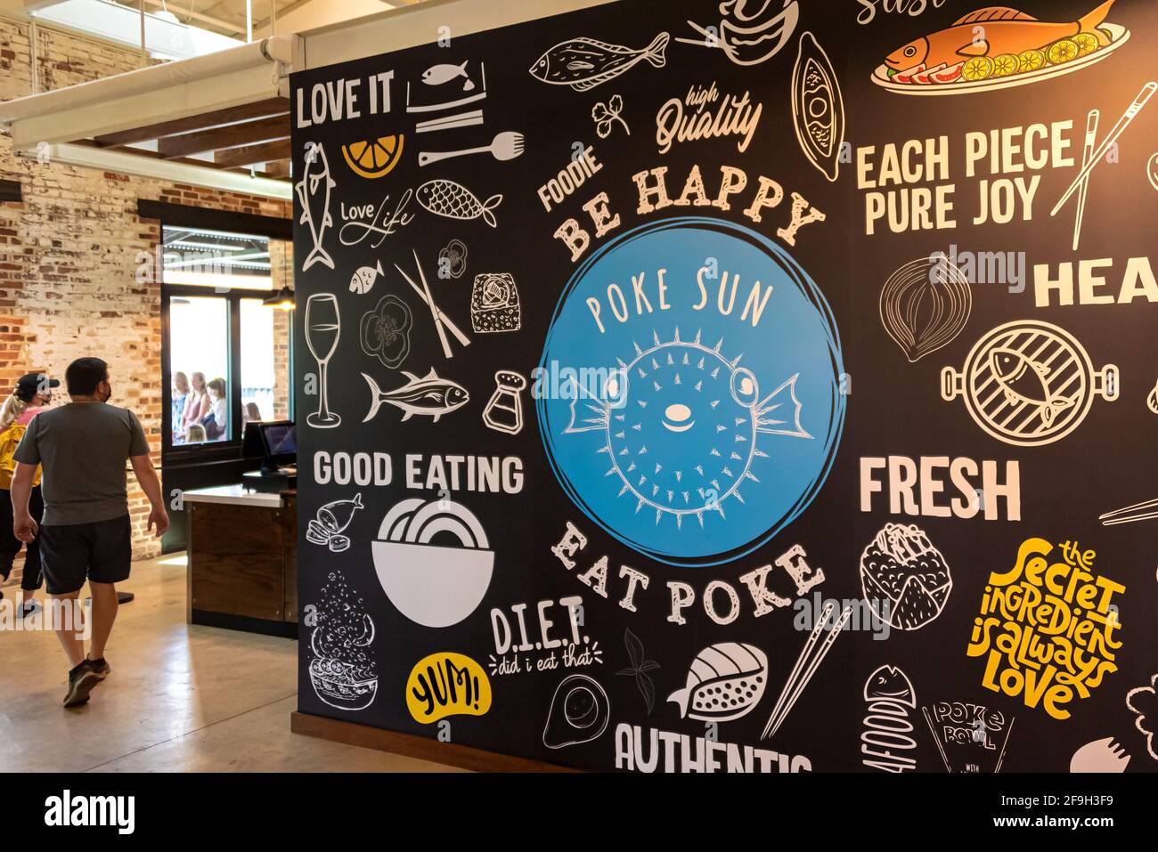 Banks Food Hall, a collective eatery blending contemporary elements with historic building architecture along the RiverWalk in Uptown Columbus, GA. Stock Photo