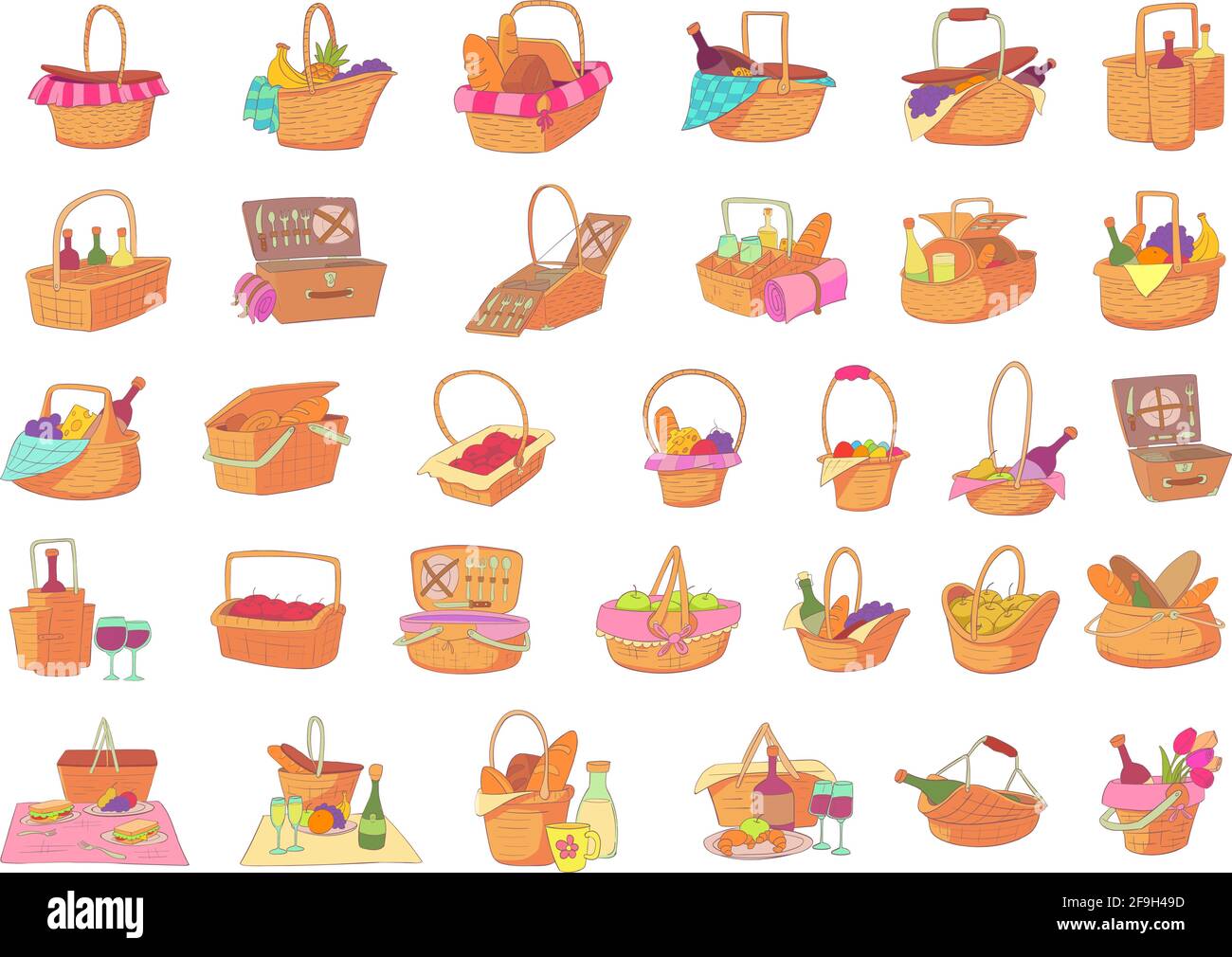 Picnic basket icons set. Cartoon set of picnic basket vector icons for web design Stock Vector