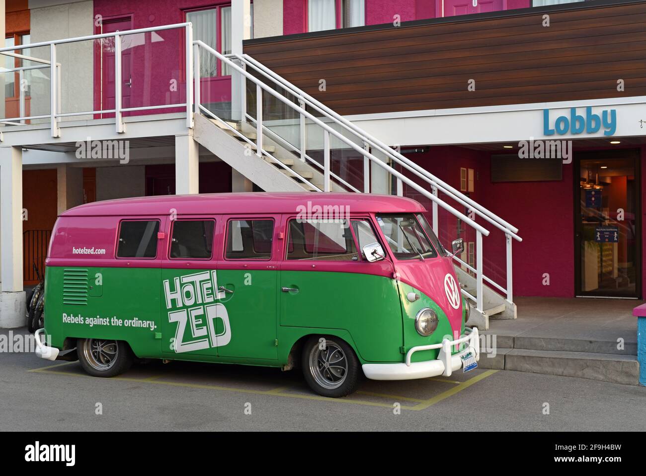 A colorful classic vintage VW (Volkswagen) van outside the Hotel Zed