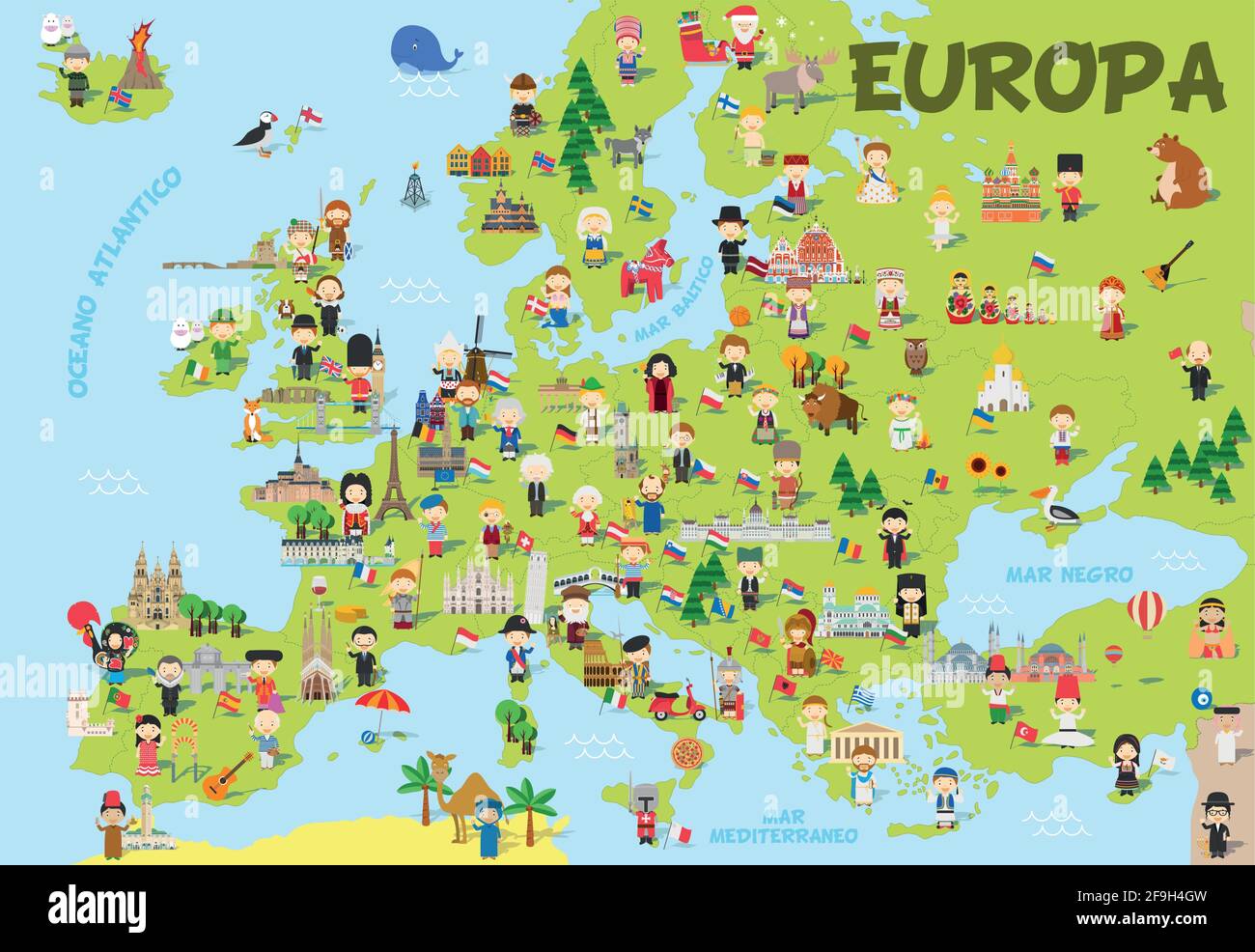 Funny cartoon map of Europe in spanish with childrens of different nationalities, representative monuments, animals and objects of all the countries. Stock Vector