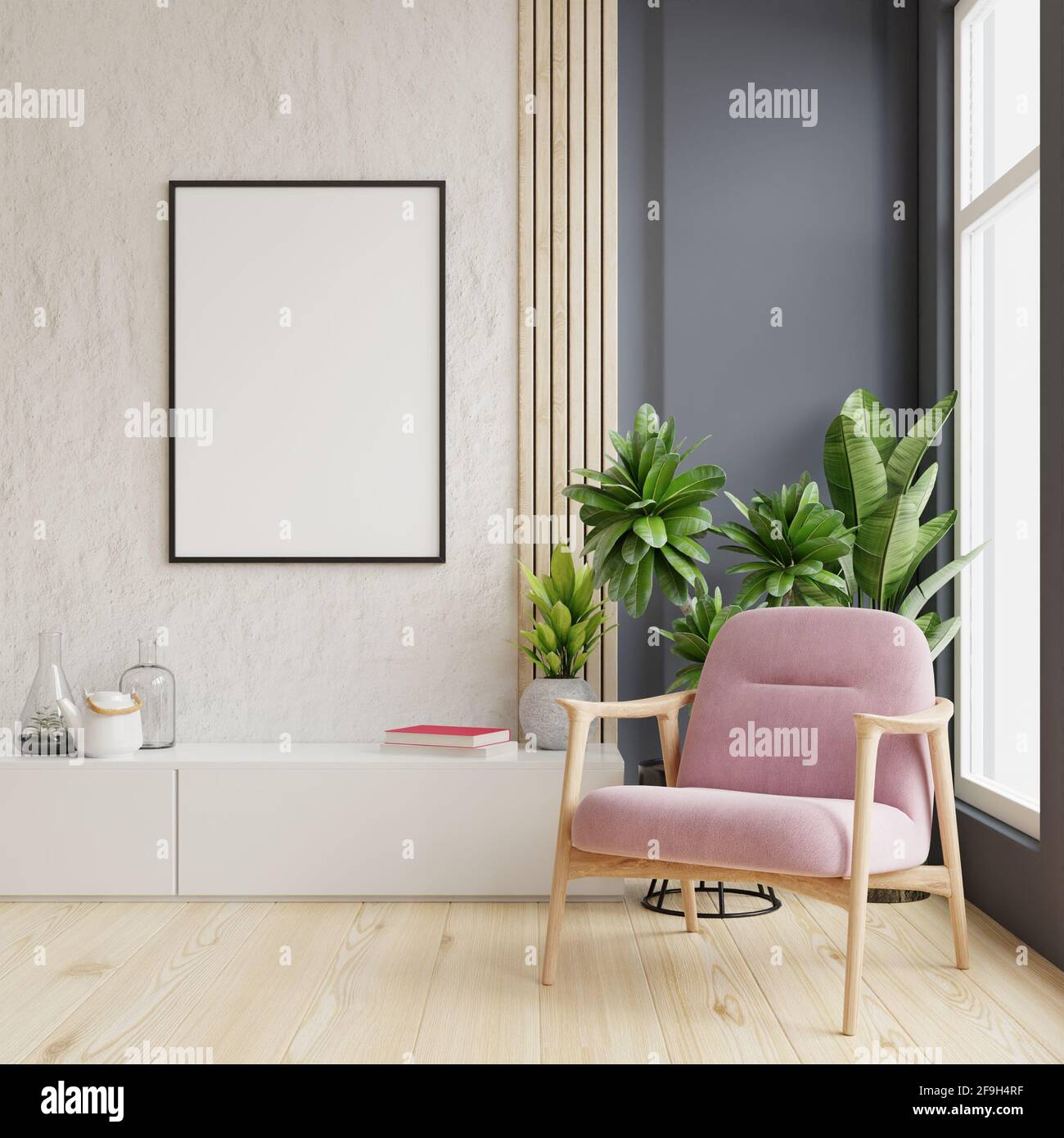 Download Poster Mockup With Vertical Frames On Empty Wall In Livingroom Interior With Pink Velvet Armchair 3d Rendering Stock Photo Alamy