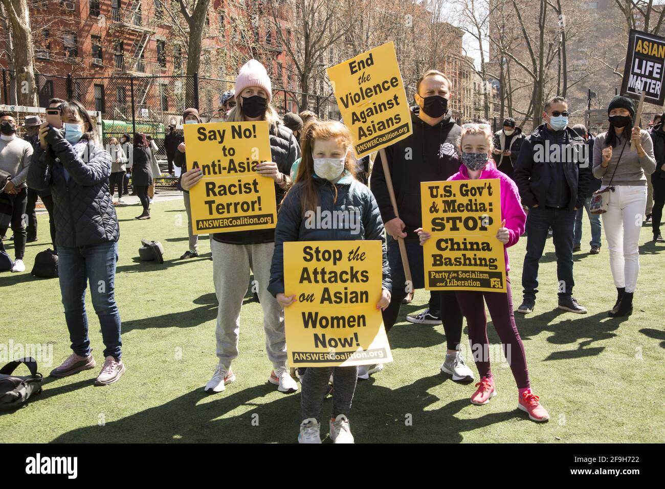 Rally in NY City Chinatown park to speak out against the escalating number of 'Asian Hate Crimes' especially against women in NYC and around the US since the spread of Covid-19. Stock Photo