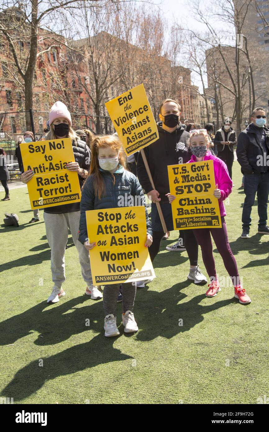 Rally in NY City Chinatown park to speak out against the escalating number of 'Asian Hate Crimes' especially against women in NYC and around the US since the spread of Covid-19. Stock Photo