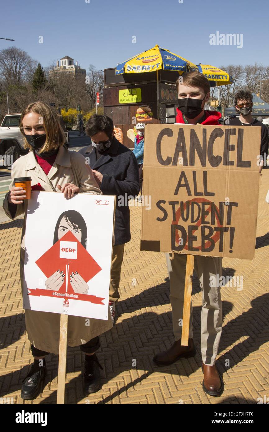 Members of the Debtors' Union in New York City rally by Prospect Park across from the home of Senate majority leader Chuck Schumer to cancel all student debt and make colleges free in the United States. Stock Photo