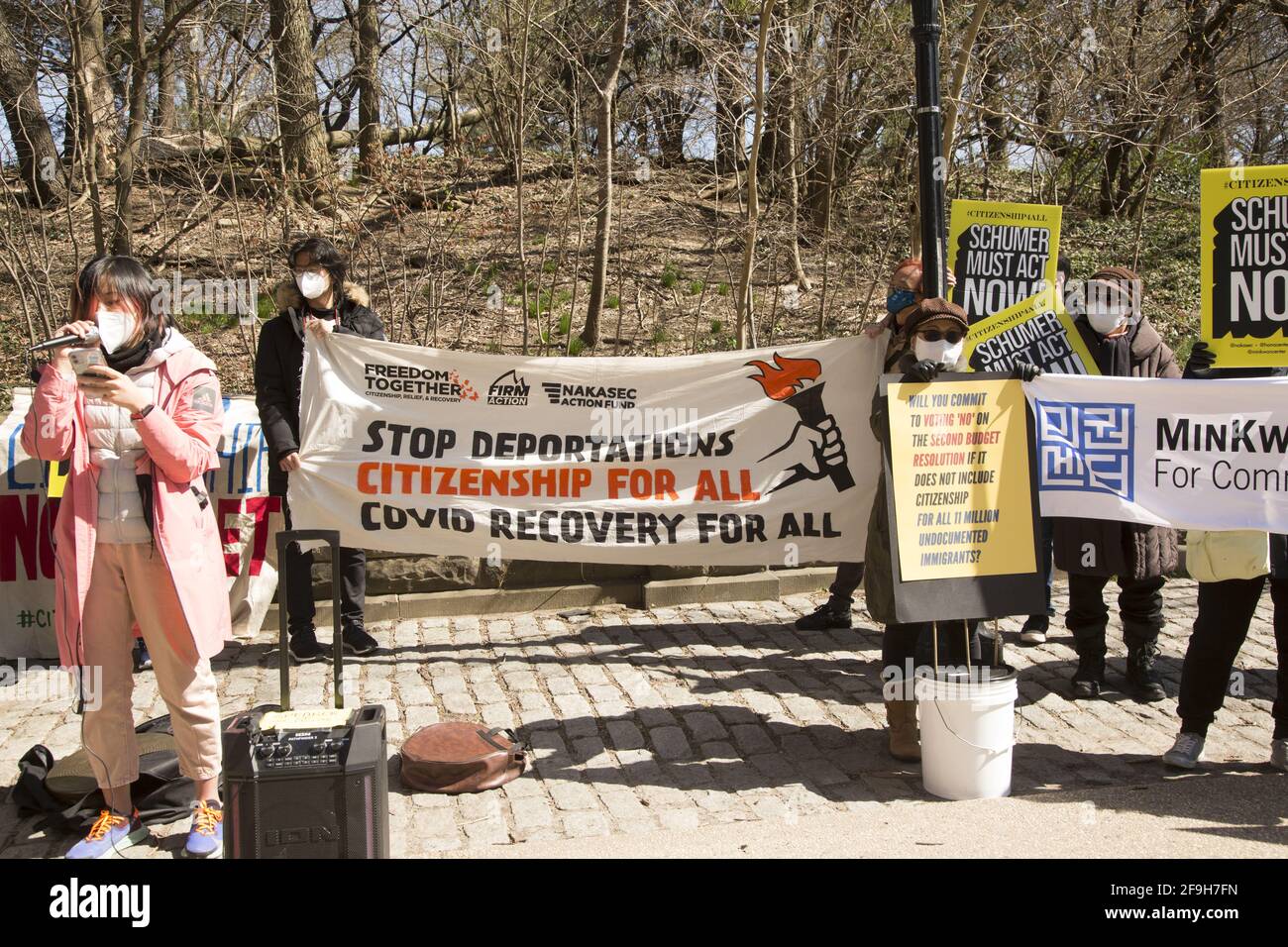 “NAKASEC is a bold leading organization in supporting justice for Asian Americans. Members demonstrate outside Senator Chuck Shumers' home in Brooklyn to help Asians and stop deportations. Stock Photo