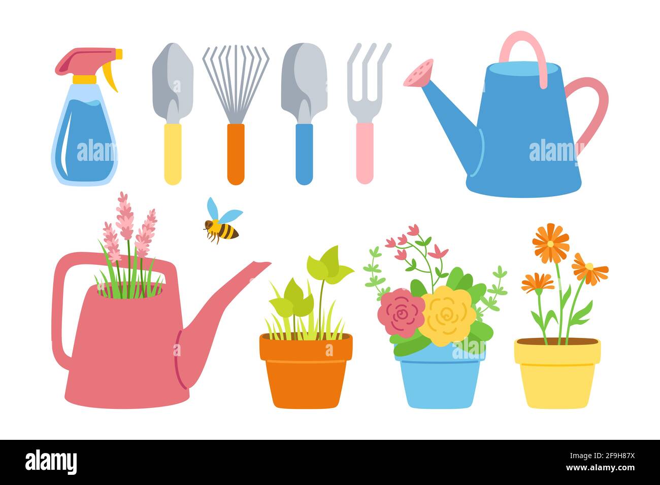 Gardening tools and flowers in pot flat cartoon set. Houseplants roses and  lavender, shovel, rake, spray watering can. Hand drawn work equipment.  Construction equipment collection vector illustration Stock Vector Image &  Art -