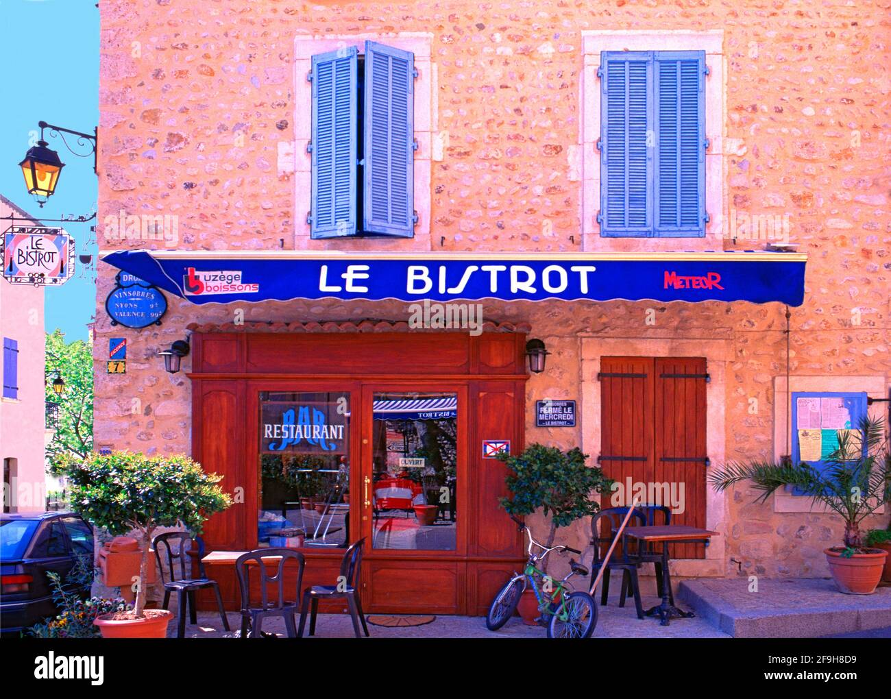 Le Bistrot is a typical bistro in the town of Venterol in the Auvergne-Rhone-Alpes region region of  France Stock Photo