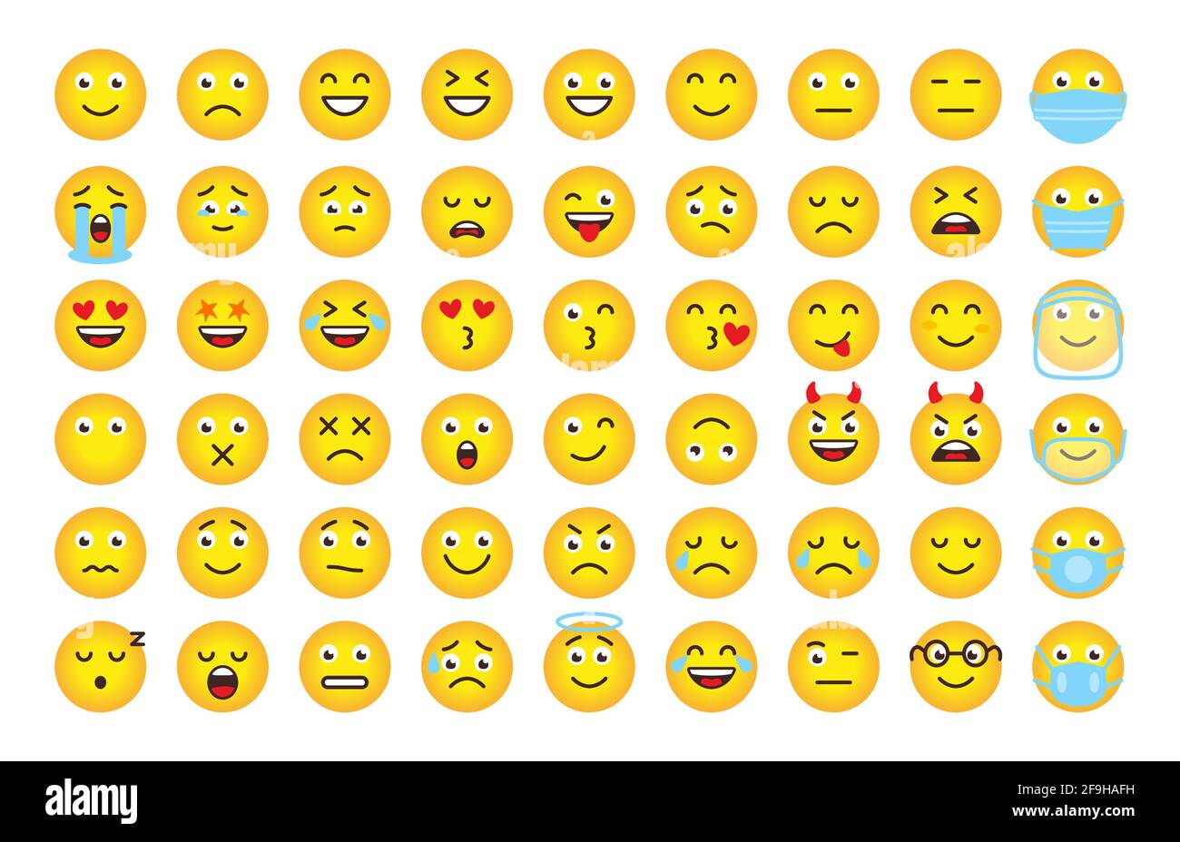 Funny cartoon emoji of yellow gradient. Mood or facial emotion symbol for  digital chat app objects. Faces expressing crazy,funny, sad, angry.  Emoticons in mask. Isolated on white vector illustration Stock Vector Image