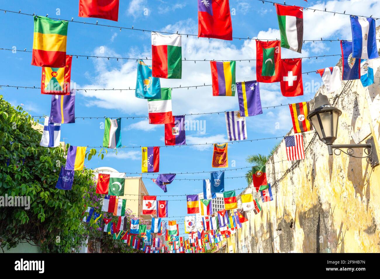 Scenic colorful streets of Cartagena in historic Getsemani district near Walled City, Ciudad Amurallada. Stock Photo