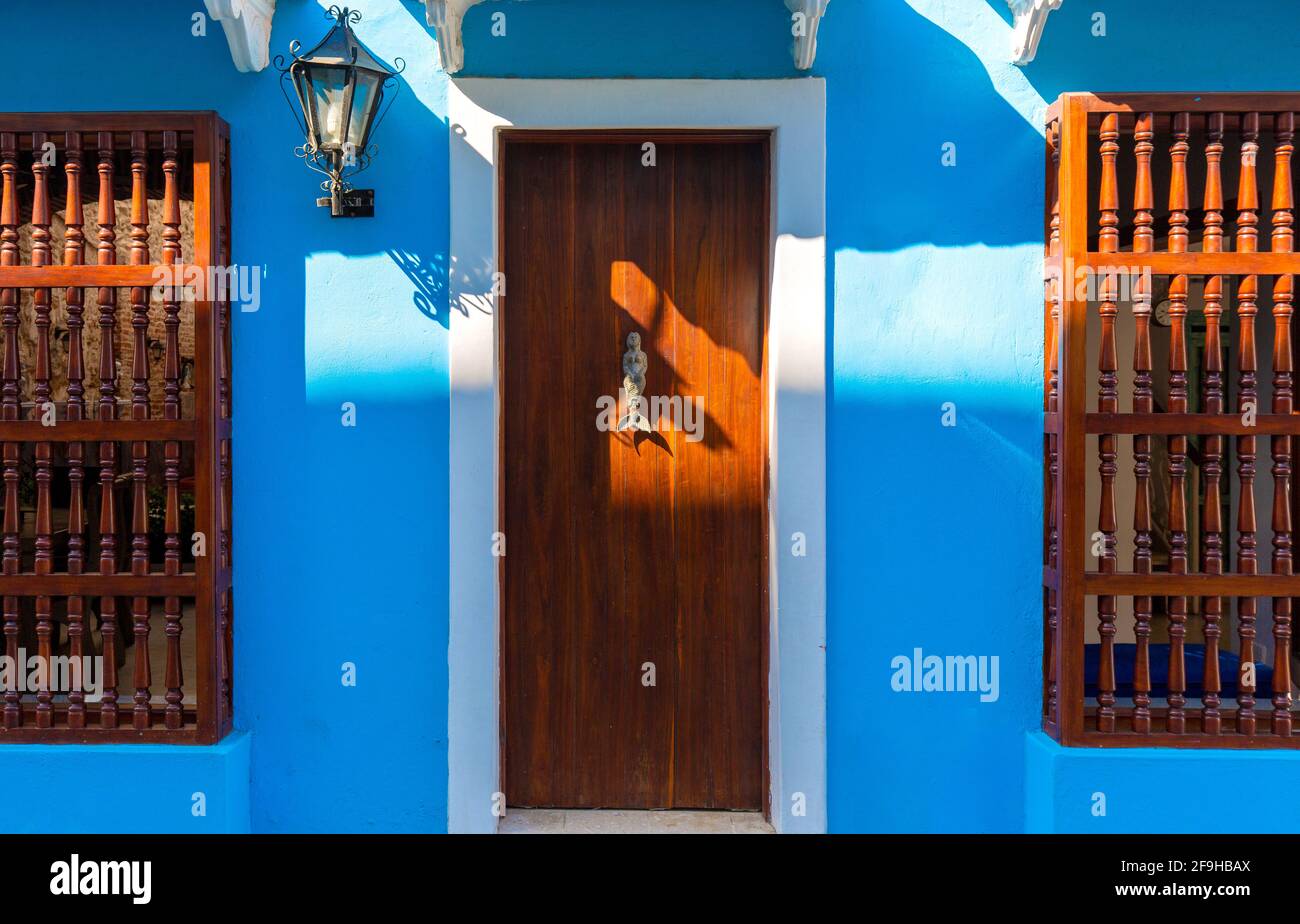 Scenic colorful streets of Cartagena in historic Getsemani district near Walled City, Ciudad Amurallada. Stock Photo