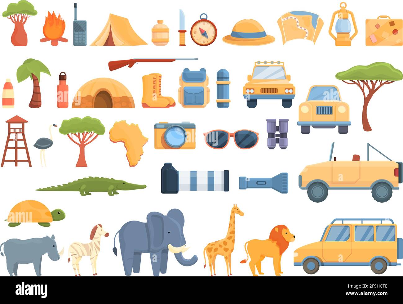 Jeep safari icons set. Cartoon set of jeep safari vector icons for web design Stock Vector