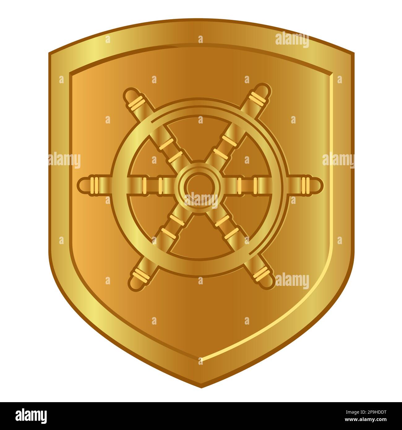 boat steering wheel symbol in golden shield logo of marine ship nautical navigation company