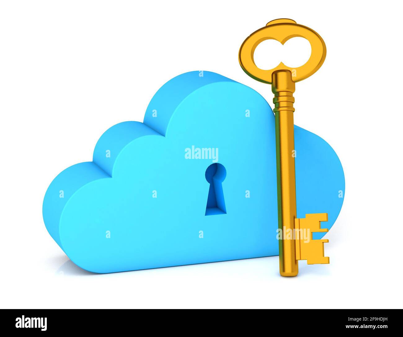 Cloud storage protection. Key as password symbol and cloud with data. isolated on white background. 3d render. Stock Photo
