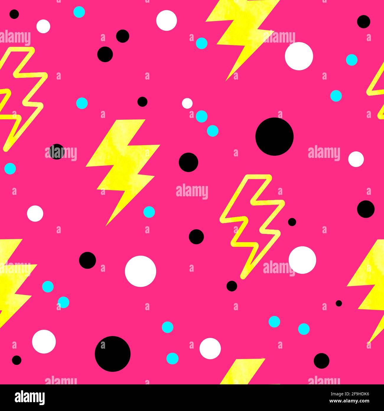 Watercolor seamless hand drawn pattern of 90s 80s memphis abstract style.  Bright blue yellow pink purple geometric circle zig zag elements, funky  hipster design for textile fashion wrapping paper Stock Photo -