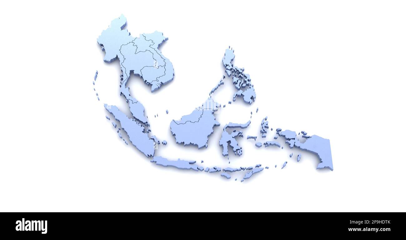 Asean union. South Asia countries map and flag 3D illustrations on a white background. Stock Photo