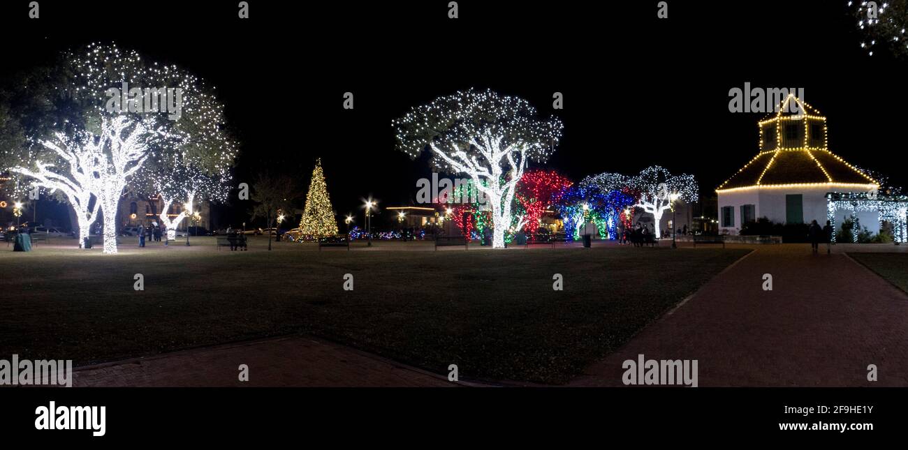 Holiday Light display on Marktplatz in the heart of historic Fredericksburg.Composite wide image Stock Photo