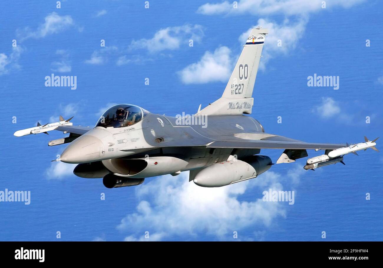 Recife, Brazil, November 10, 2010. United States Air Force Lockheed Martin F-16 fighter in flight off the coast of Brazil. Stock Photo