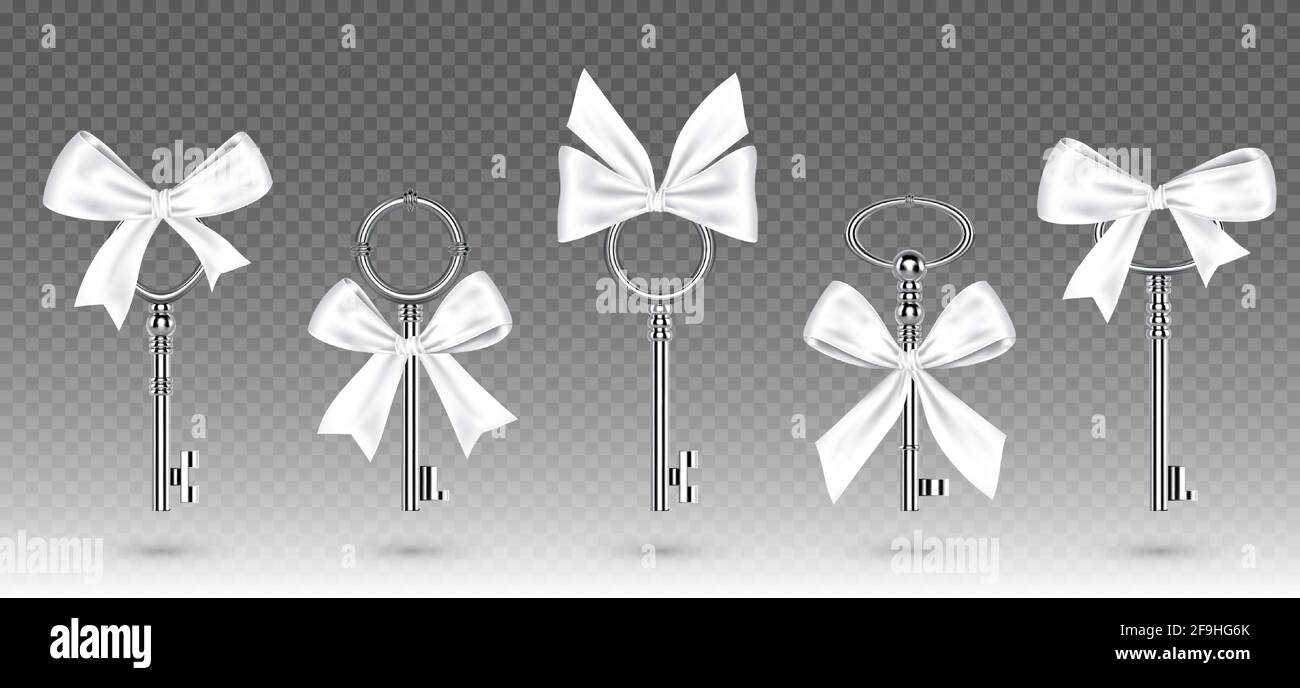 Old silver keys with tied white bow for gift for birthday or holiday. Vector realistic set of vintage decorative metal keys with ribbon isolated on transparent background. Concept of luxury presents Stock Vector