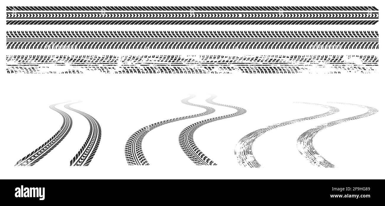 Black car tire tracks, rubber wheel print on road or dirt. Grunge winding trace from vehicle tires isolated on white background. Vector graphic set of tread marks in top and perspective view Stock Vector