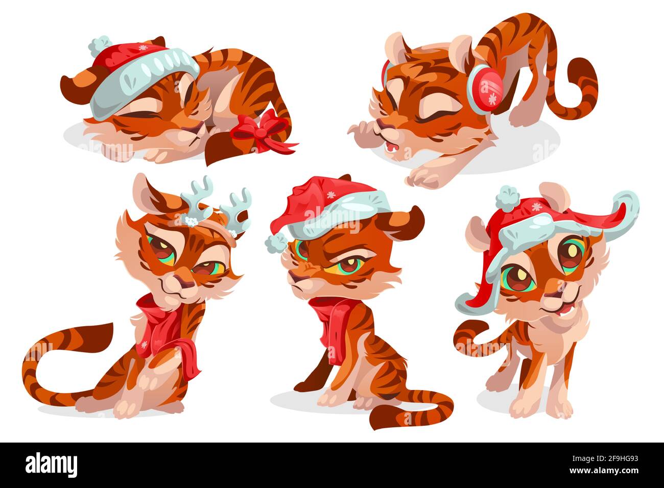 Cute baby tiger character in christmas hat and red scarf. Vector set of cartoon funny kitten in winter cap, with deer horns and bow in different poses. Creative emoji set isolated on white background Stock Vector