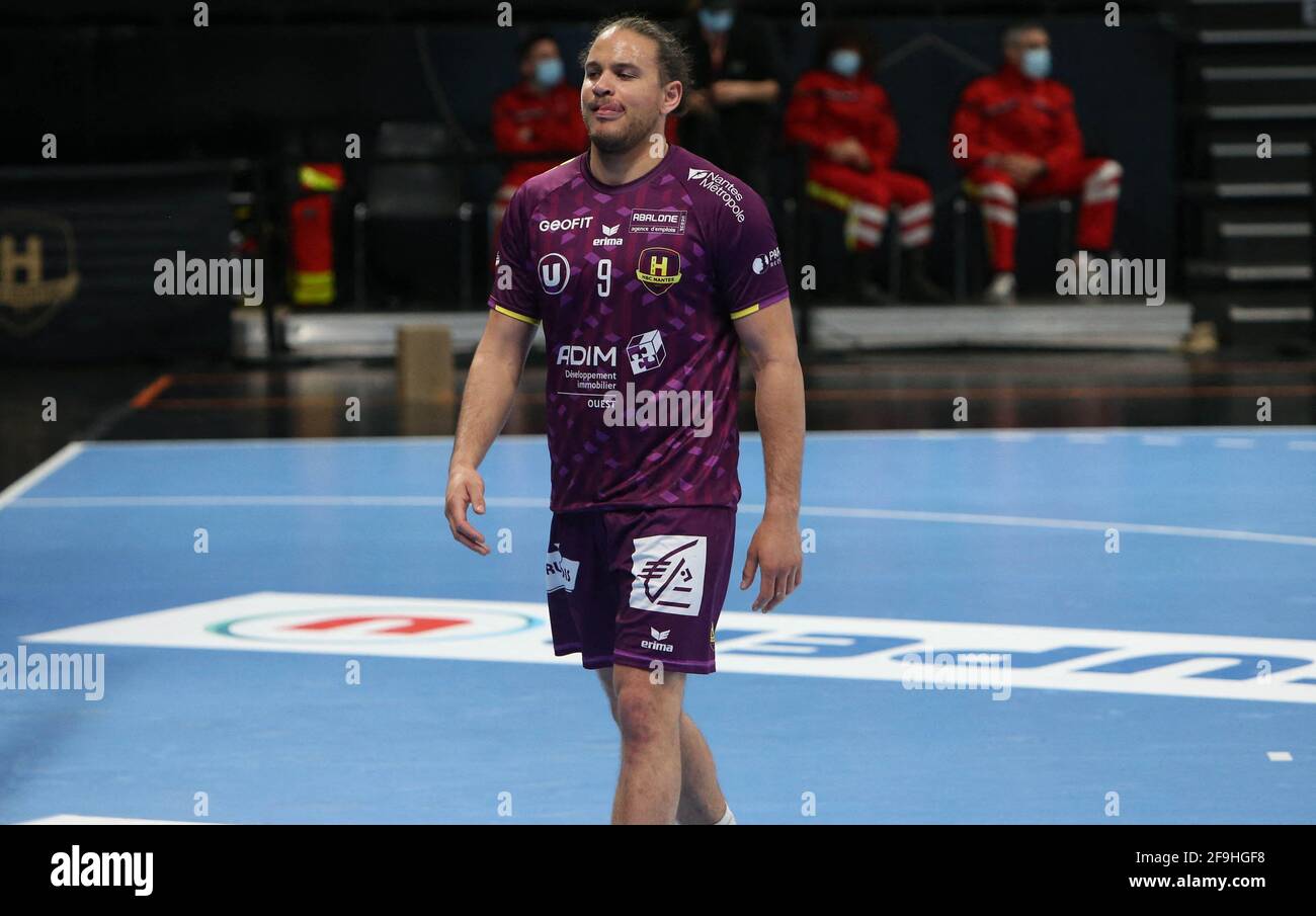 Sebastian AUGUSTINUSSEN of HBC Nantes during the French championship, Lidl  Starligue handball match between HBC Nantes and Dunkerque HGL on April 18,  2021 at H Arena in Nantes, France. Photo by Laurent