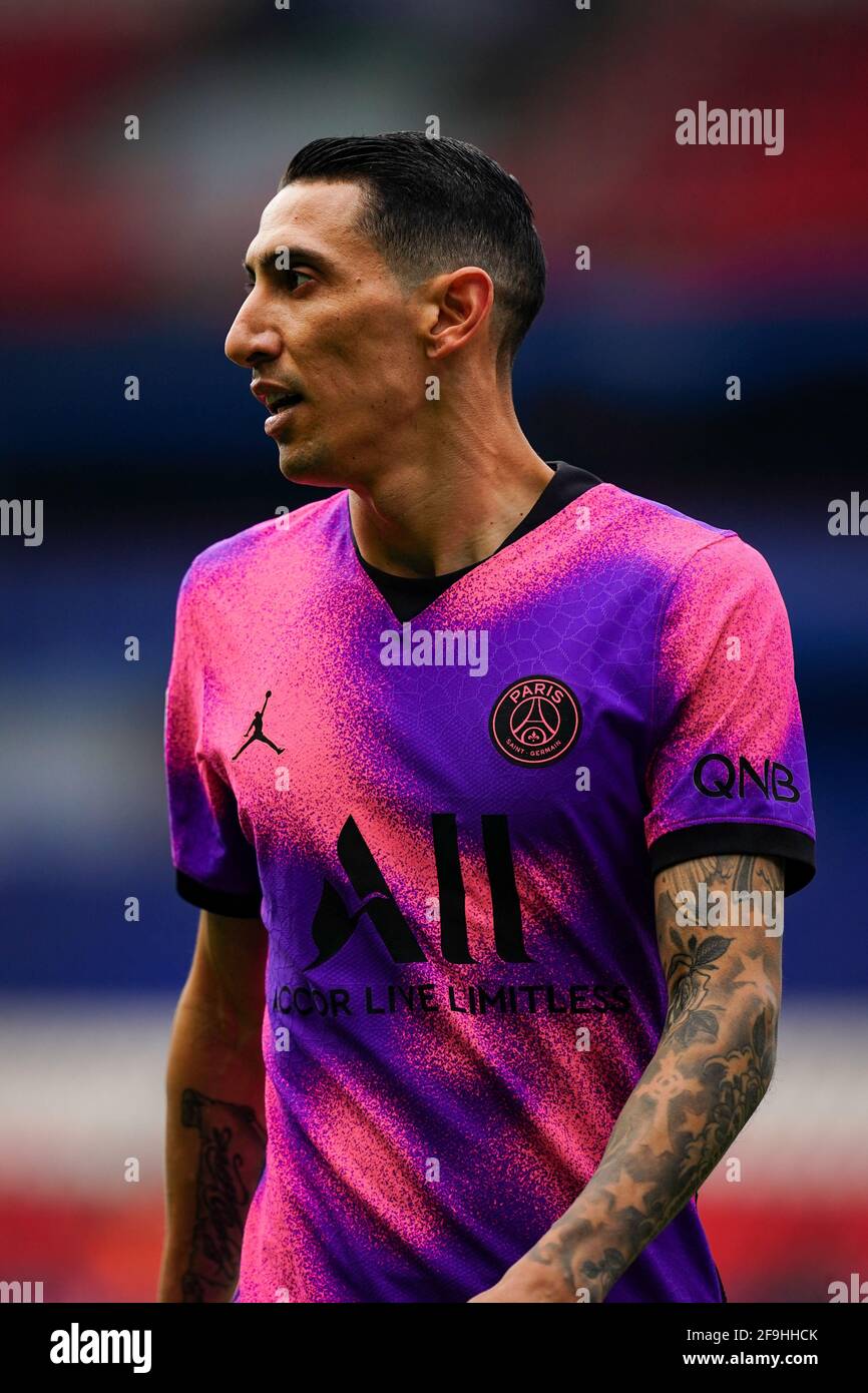 Portrait of ParisâÂ€Â™s Angel Di Maria during the French Ligue 1 Paris  Saint Germain (PSG) vs Saint Etienne (ASSE) football match at the Parc des  Prince, in Paris, France on April 18,