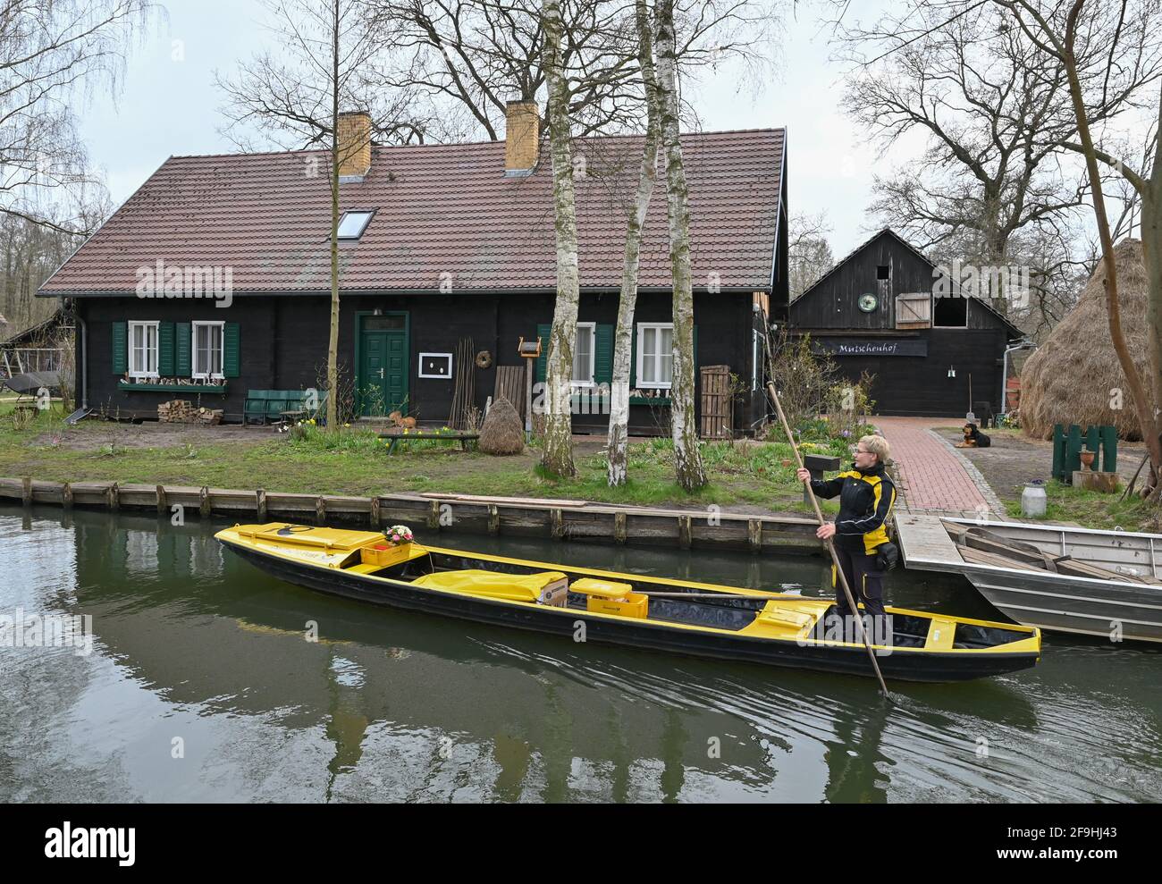 14 April 2021, Brandenburg, Lübbenau: Andrea Bunar, mail carrier, drives her yellow mail barge across a river (waterway in the Spreewald) at the start of the mail delivery season. Mail carrier Andrea Bunar is bringing a bit of normalcy to the Spreewald during the Corona pandemic: since Wednesday, she has been delivering letters and parcels to residents again with her barge. Some things have fortunately remained the same, such as the unspoiled nature in the Spreewald, said Bunar at the start on the water. The 50-year-old delivers to 65 households; she steers her barge on the eight-kilometer tou Stock Photo
