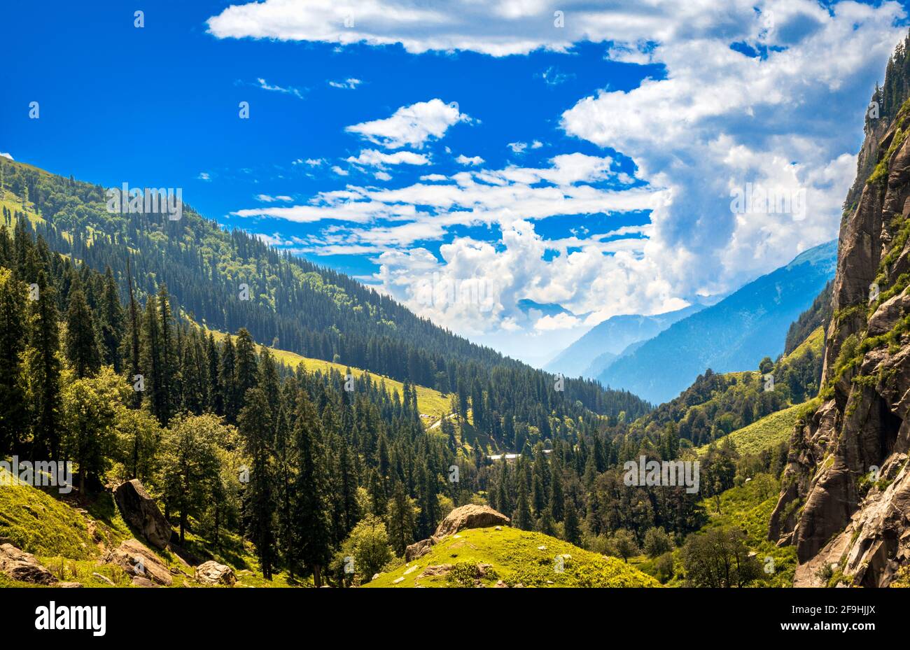The landscape of alpine meadows.Serine view of Parvati valley, trek to