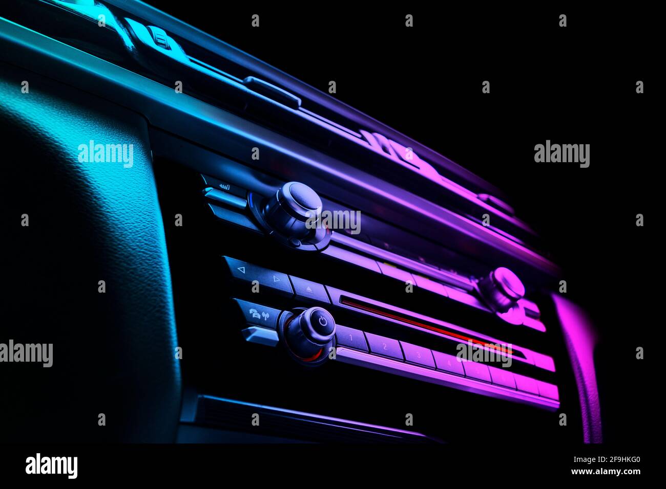 Modern Luxury sport car inside in blue and pink tones. Interior of