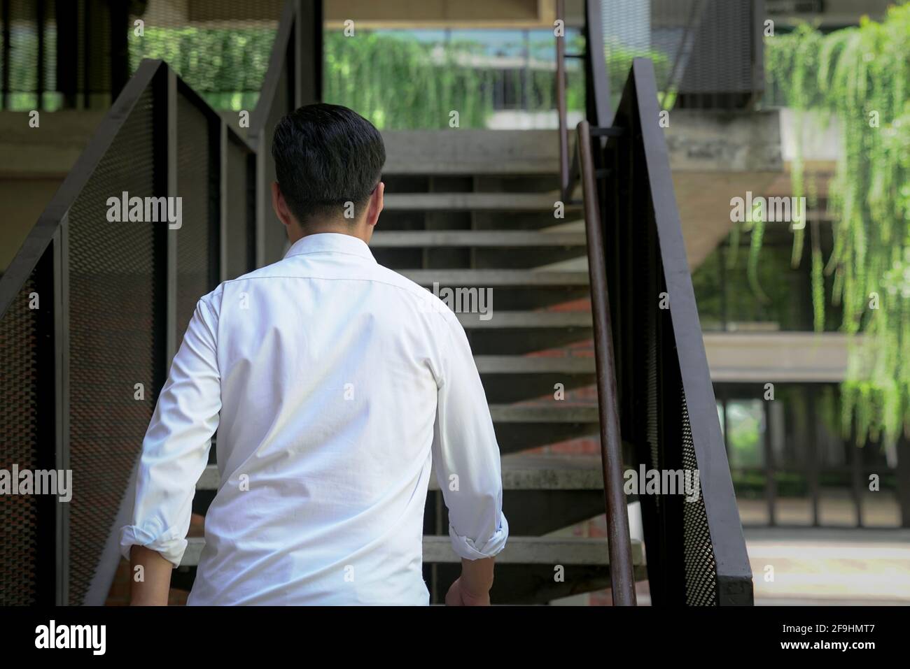 Back view of businessman walking up staircase. Back to office or climbing up the corporate ladder concept, Stock Photo